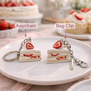Strawberry Shortcake Keychain or Bag Clip – Cake Slice Handmade Dessert Charm